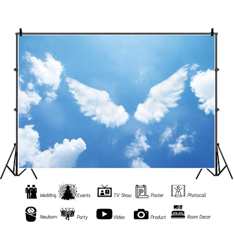 DORCEV 7x5ft Angel Wings Photography Backdrop for Birthday Party Gender Reveal Party Baby Shower Background Heaven Angel Wings Blue Sky White Cloud Party Banner Girls Photo Studio Props - Image 2